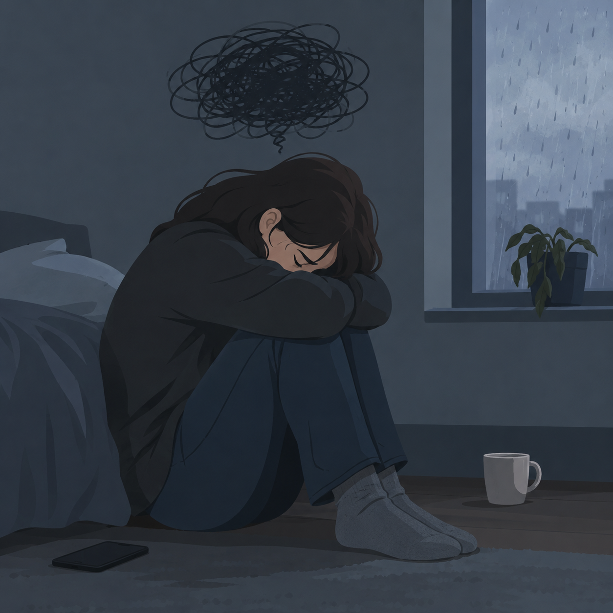 Tecknad illustration av en person som känner sig nedstämd